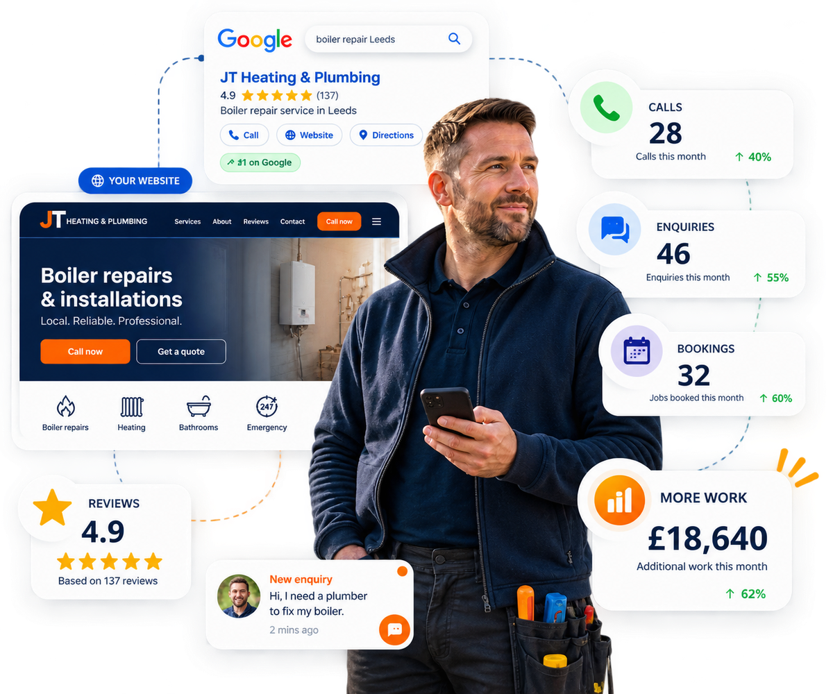 Tradesman holding a phone beside his website, showing more calls, enquiries, bookings and a page-one Google ranking
